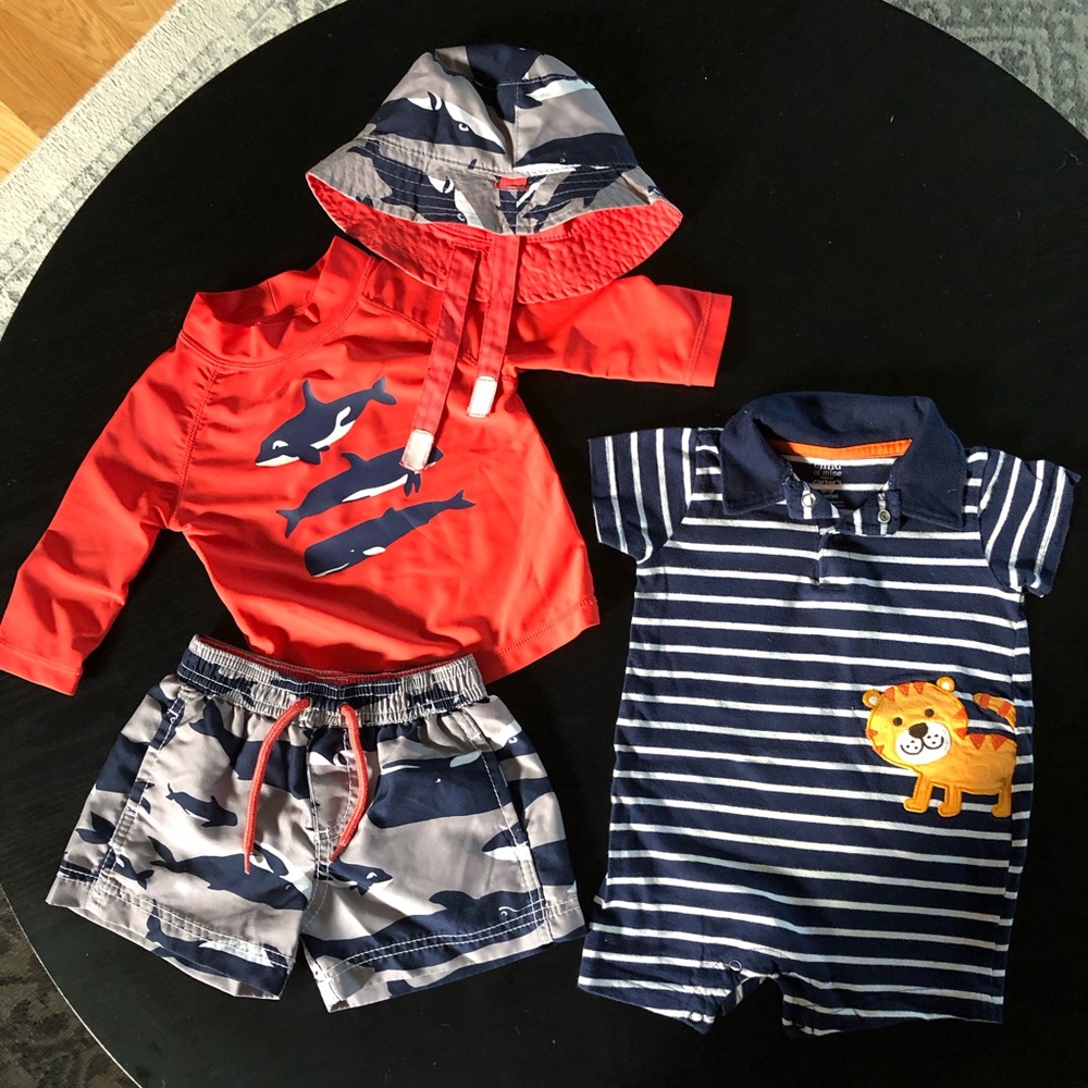 Baby boy swim set and romper, size 6-9 months